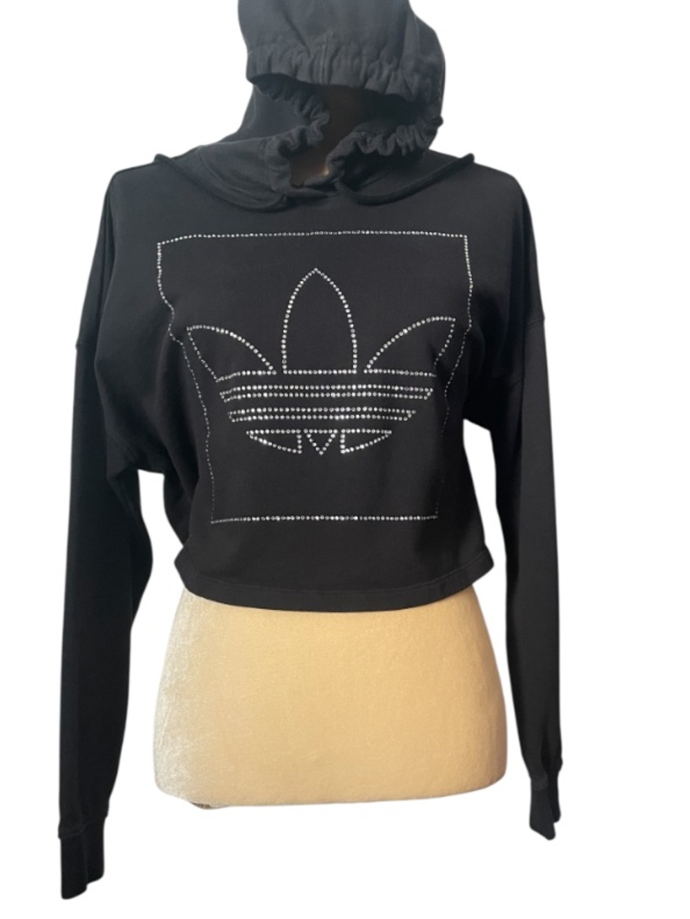Adidas Rhinestone Trefoil Cropped Hoodie Sz XXS - Picture 3 of 6
